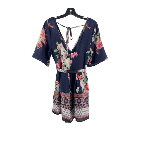 Women's Navy Blue Shorts Romper Paisley Roses Floral Lined w/ Belt Size Medium - Picture 4 of 9